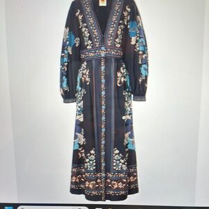 FARM Rio Black and Blue Long sleeve- Blossom Tapestry Black Midi dress